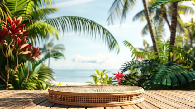 Podium di rattan boemo con uno sfondo di cabana sulla spiaggia soleggiata per la promozione della moda