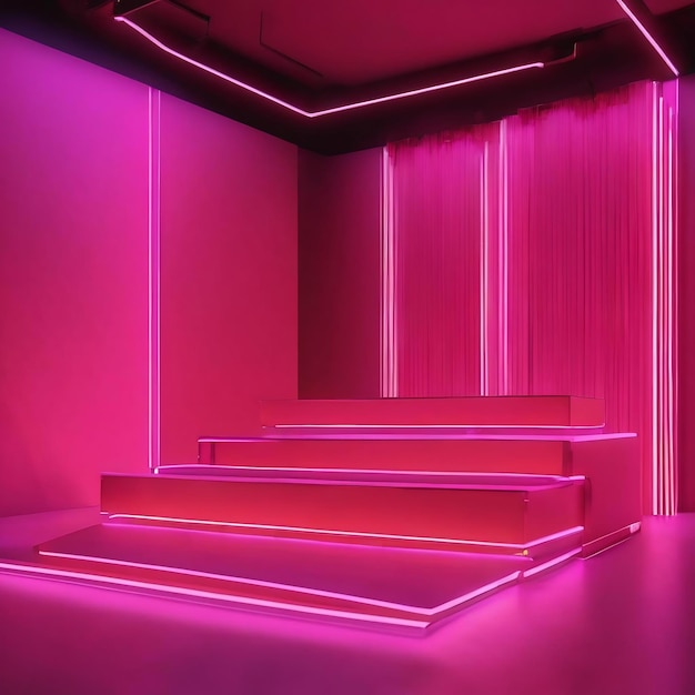 Podium di scena astratta illuminato con luce al neon mock up rendering 3d