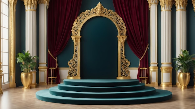 Podium di velluto regale con opulento palazzo sullo sfondo