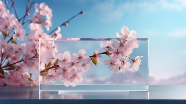 Podium di vetro vuoto con rami di Sakura in fiore sullo sfondo della natura fatto di materiale naturale