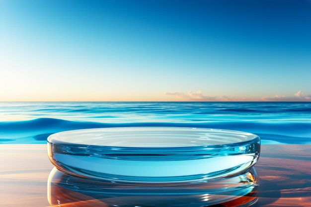 Podium di vetro vuoto su un rilassante paesaggio marino sullo sfondo di onde calme e cielo blu limpido