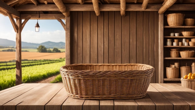 Podium di vimini di campagna con fattoria rustica Sfondio