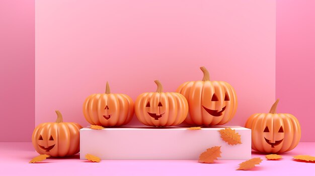 Podium di zucche di Halloween su sfondo arancione chiaro