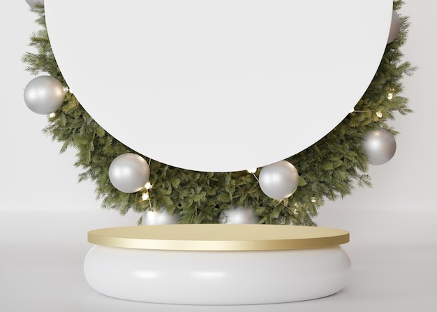Podium dorato con decorazione natalizia sullo sfondo Umore di Natale Scena elegante per prodotti cosmetici Modello di lusso Piattaforma di piedistallo Atmosfera festiva e sofisticata di vacanza Rendering 3D