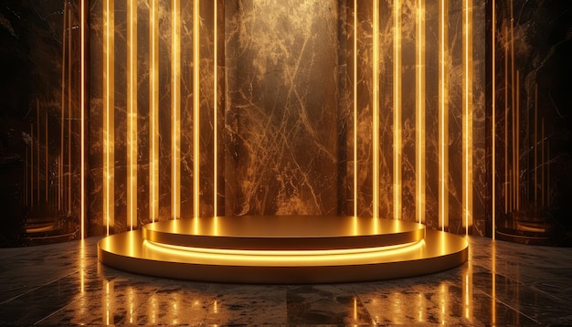 Podium dorato vuoto che galleggia nell'aria in una scena buia con una parete di lampade al neon dorate verticali intorno