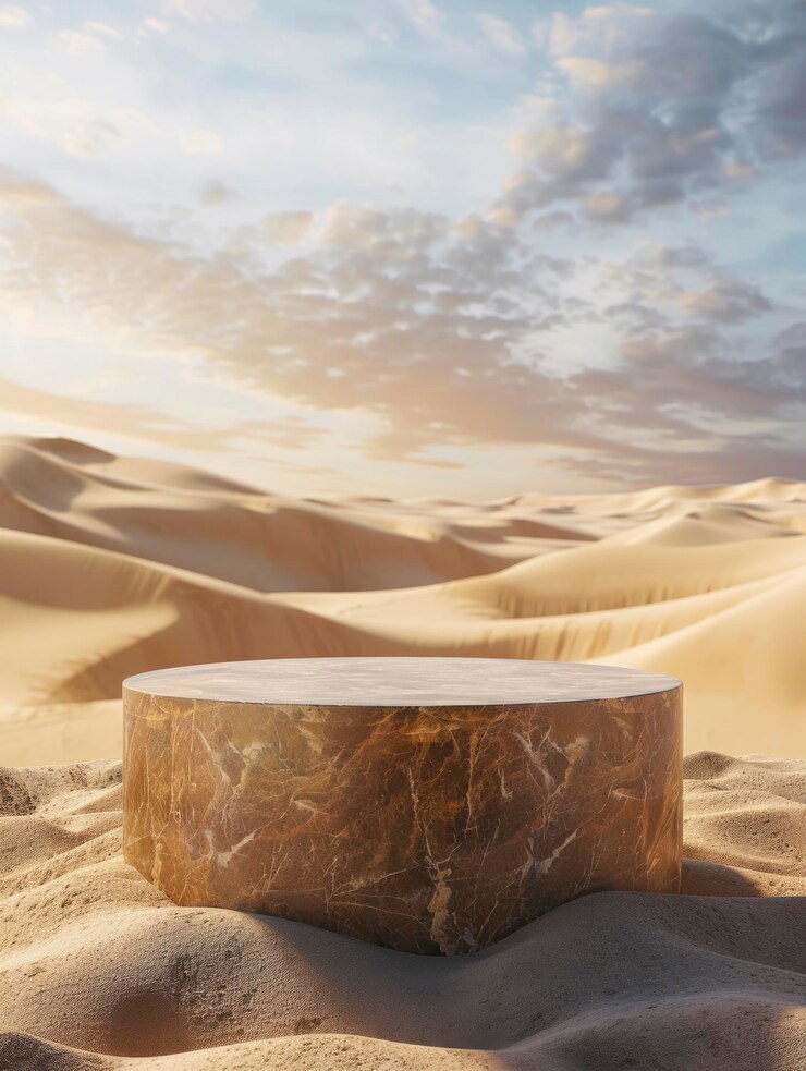 Podium for product demonstration mesmerizing beautiful desert landscape in the background saturated