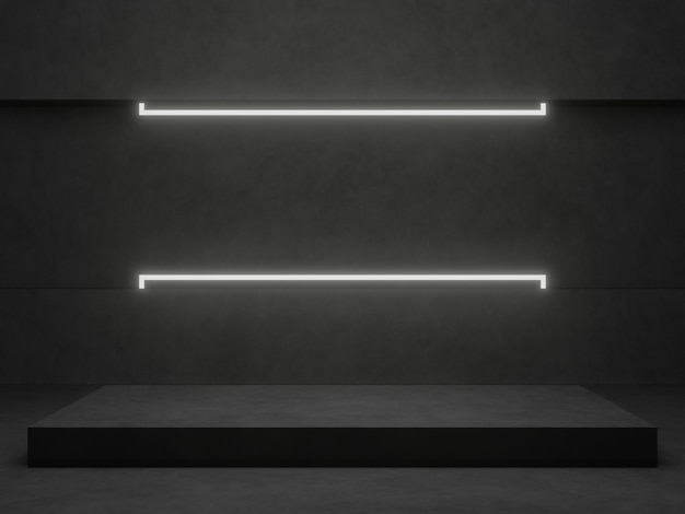 Podium geometrico nero 3D con luci al neon bianche