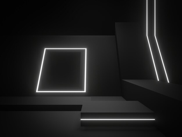 Podium geometrico nero 3D con luci al neon bianche