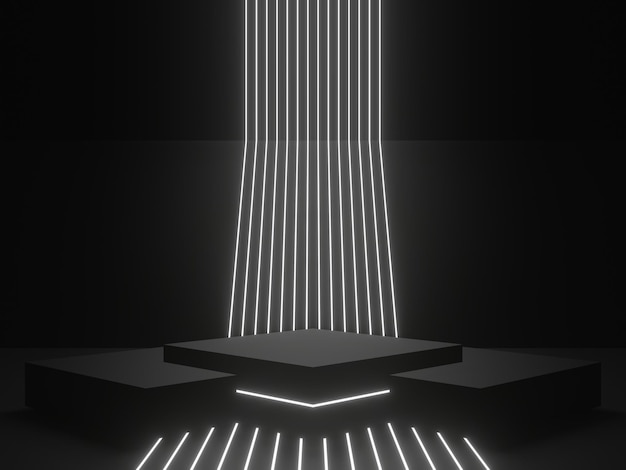 Podium geometrico nero con luci al neon bianche SciFi mock up