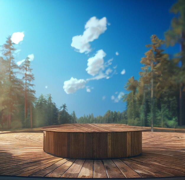 Podium in legno nella foresta in un giorno di sole palcoscenico di esposizione di prodotti naturali in legno piattaforma vuota