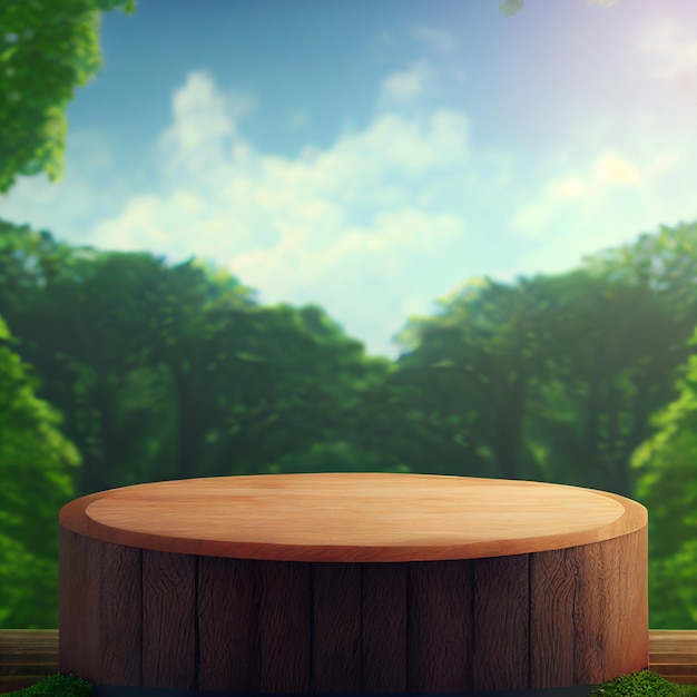 Podium in legno nella foresta in un giorno di sole palcoscenico di esposizione di prodotti naturali in legno piattaforma vuota