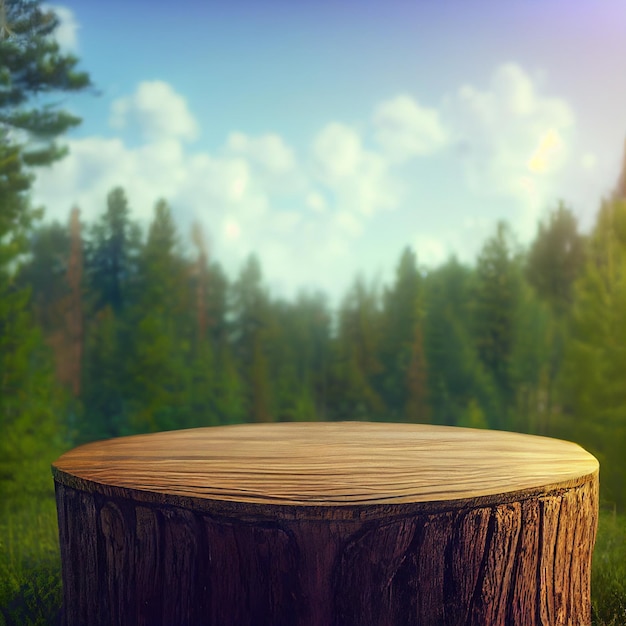 Podium in legno nella foresta in una giornata di sole palcoscenico di esposizione di prodotti naturali in legno piattaforma vuota tra gli alberi sfondo estivo
