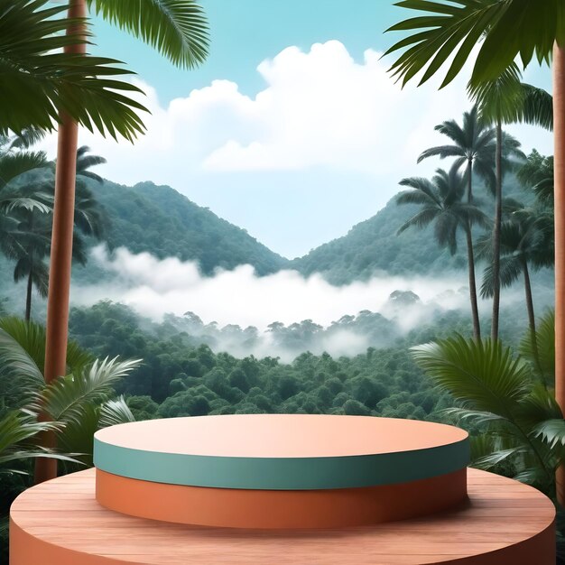 Podium in legno nella foresta tropicale per la presentazione del prodotto Dietro c'è una vista del cielo