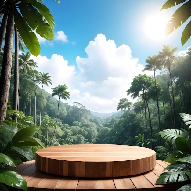 Podium in legno nella foresta tropicale per la presentazione del prodotto Dietro c'è una vista del cielo
