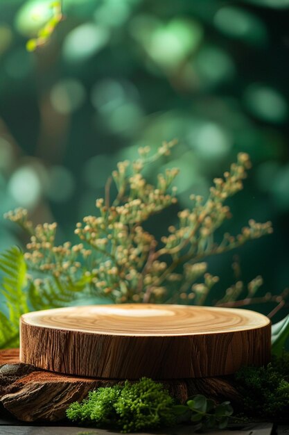 Podium in legno sfondo bokeh verde in legno