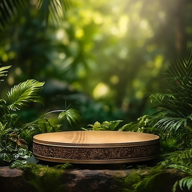 Podium in legno sullo sfondo di una foresta tropicale per la presentazione di prodotti