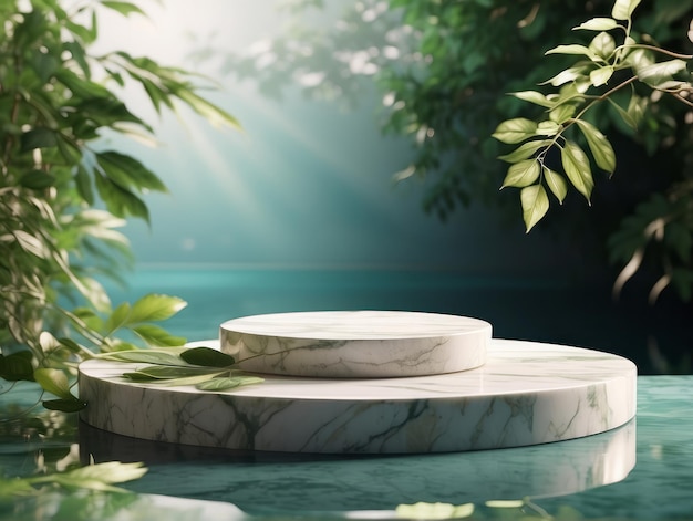 Podium in marmo stand di esposizione di prodotti cosmetici con riflesso d'acqua e foglie della natura sullo sfondo 3D r