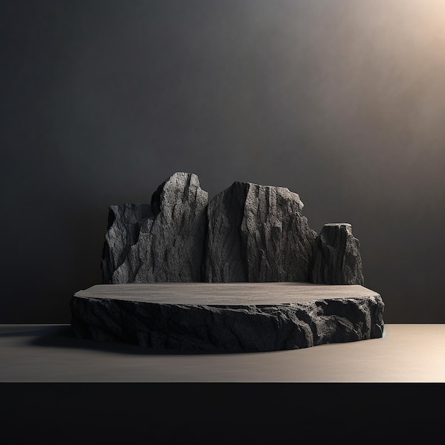Podium in pietra nera con ombra solare per l'esposizione dei prodotti sullo sfondo a forma di roccia AI generativa