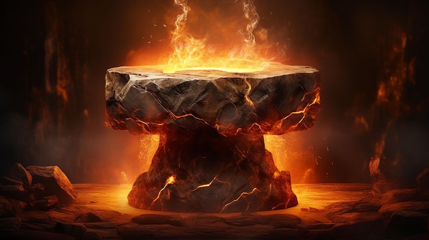 Podium in pietra pedestale in Fuoco con scintilla di fuoco sullo sfondo di drak