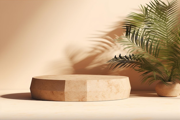 Podium in pietra terrazzo con foglie di palma per l'esposizione dei prodotti Ombre di sole sullo sfondo AI generativa