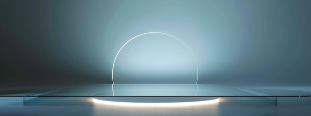Podium in vetro futuristico con luce circolare al neon