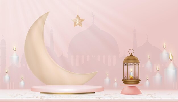 Podium islamico 3D con luna crescente d'oro rosa candele tradizionali islamiche e moschea Banner islamico orizzontale per la vetrina del prodotto Presentazione del prodotto Prodotto cosmetico BaseRamadan Vende