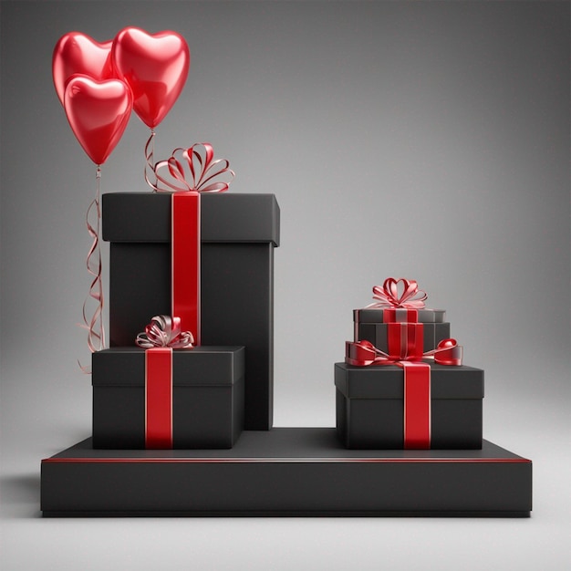 Podium nero con scatola regalo 3D e palloncino d'amore ai generato