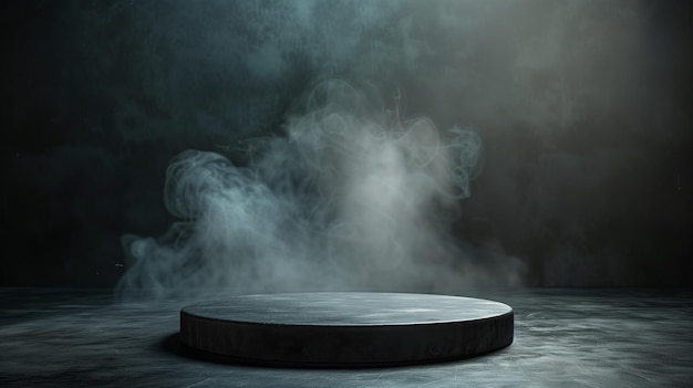 Podium nero fumo nero piattaforma di prodotto sfondo astratto superficie del palco proiettore di nebbia