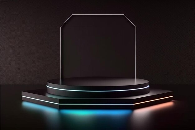 Podium nero minimalista con luce al neon su sfondo scuro Illustrazione generativa ai