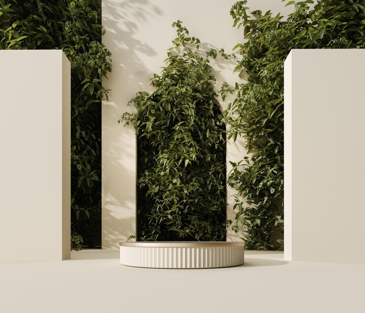 Podium pastello con archi e parete verde per la pubblicità di prodotti ecologici