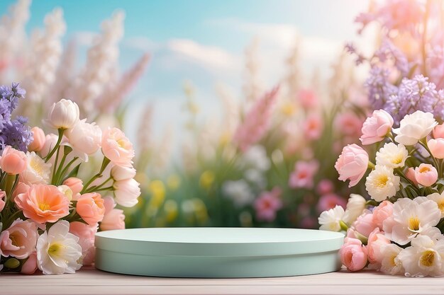 Podium per la dimostrazione e il montaggio del prodotto con delicata decorazione floreale primaverile Tempo primaverile sfondo fioritura compleanno 8 marzo Pasqua giorno delle donne matrimonio Spazio di copia generato da AI