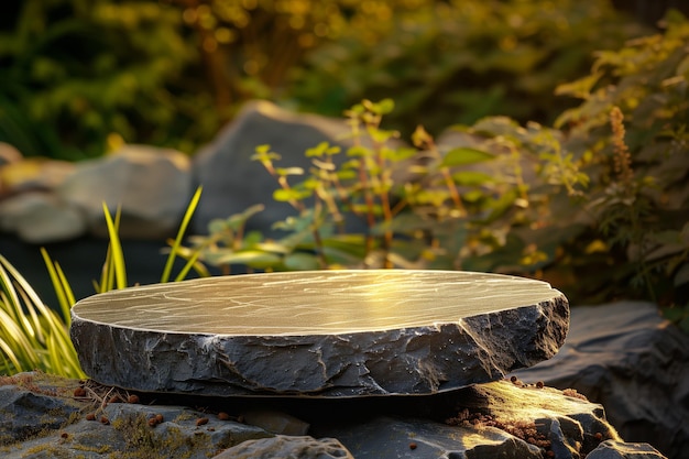 Podium roccioso piatto riccio in ambiente naturale luce al tramonto