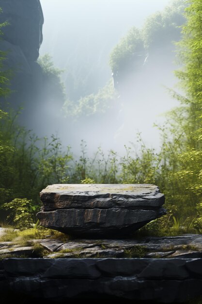 Podium roccioso piatto su sfondo di nebbia e montagne sfondo naturale