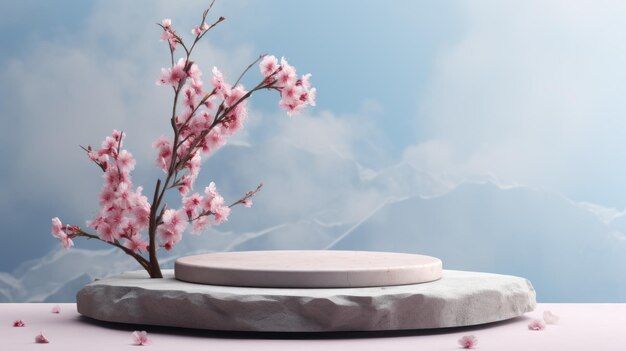 Podium roccioso vuoto con rami di Sakura in fiore sullo sfondo della natura fatto di materiale naturale