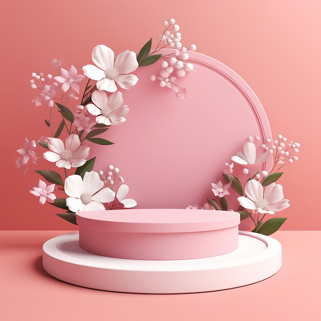 Podium rosa per banner di promozione con sfondo piatto rosa con ornamento di fiori bianchi sul lato
