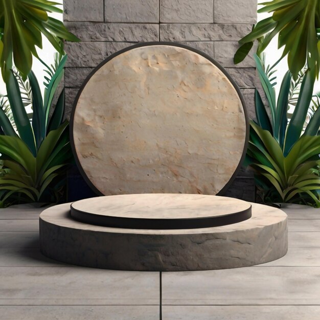 Podium rotondo di pietra grezza vuoto per la presentazione dei prodotti circondato da piante tropicali