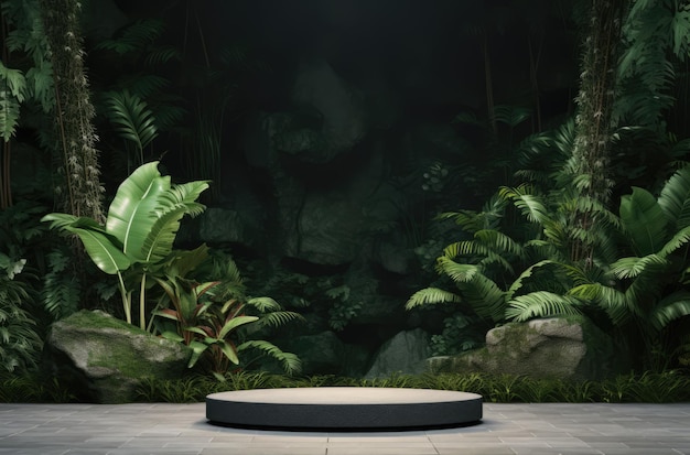 Podium rotondo in pietra per il prodotto con sfondo di giardino naturale generato da AI