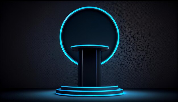 Podium rotondo luminoso blu e sfondo nero per l'immagine generata dal mock-up ai