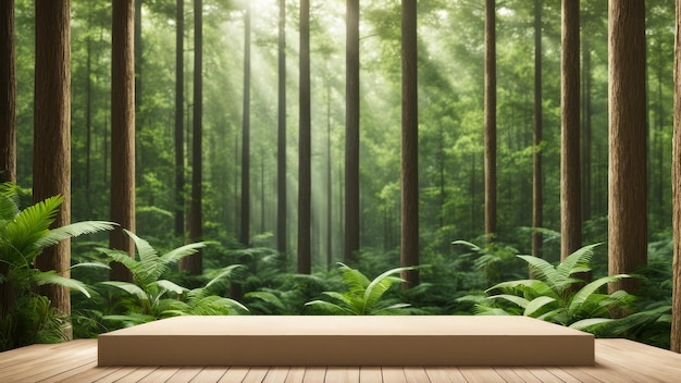 Podium sui materiali riciclati ecologici con foreste sostenibili