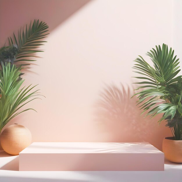 Podium tropicale per la presentazione di prodotti renderizzati in 3D con luce solare tonale moderna