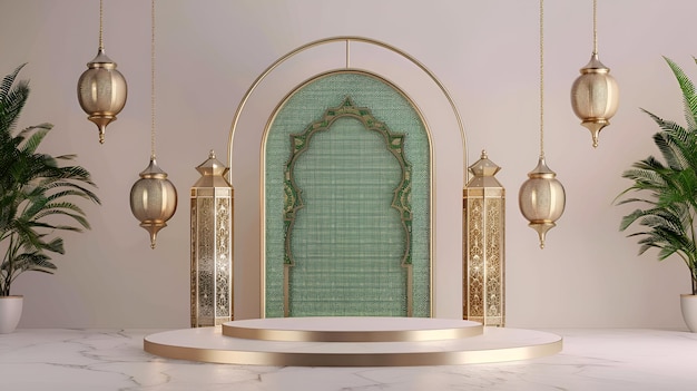 Podium verde e oro con lanterne in stile arabo per le presentazioni dei prodotti