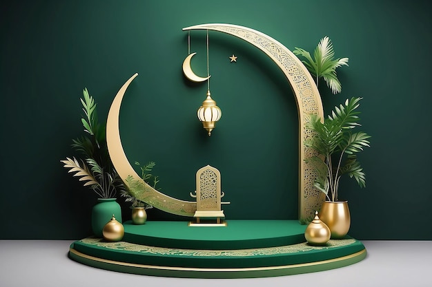 Podium verde islamico per le vendite di Ramadan Podium mezzaluna pallone Eid fitr adha mawlid isra miraj muharram