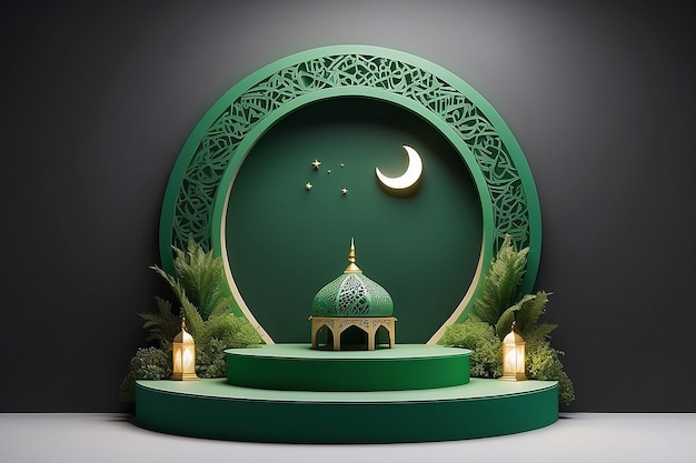 Podium verde islamico per le vendite di Ramadan Podium mezzaluna pallone Eid fitr adha mawlid isra miraj muharram