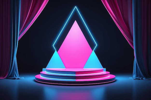 Podium vuoto con cortina sullo sfondo e triangoli blu neon e rosa intorno