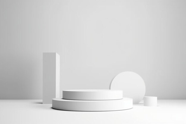Podium vuoto o display su piedistallo su stanza bianca e sfondo chiaro con concetto di stand futuristico