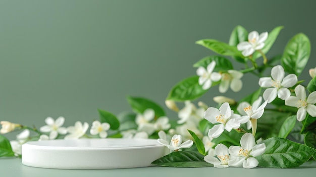 Podium vuoto per il posizionamento dei prodotti sullo sfondo verde con fiori di gelsomino e foglie Scena della merce vetrina per prodotti di bellezza Vista anteriore con spazio di copia