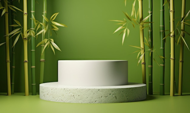 Podium vuoto rotondo in pietra di marmo con albero di bambù su sfondo verde Concept di presentazione della vetrina del prodotto