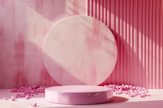 Podium vuoto rotondo minimalista rosa 3D al centro della foto