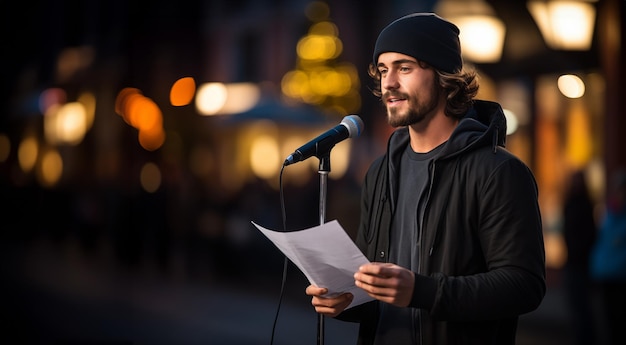 Poeta di strada maschio con un blocco note su uno sfondo di città notturna