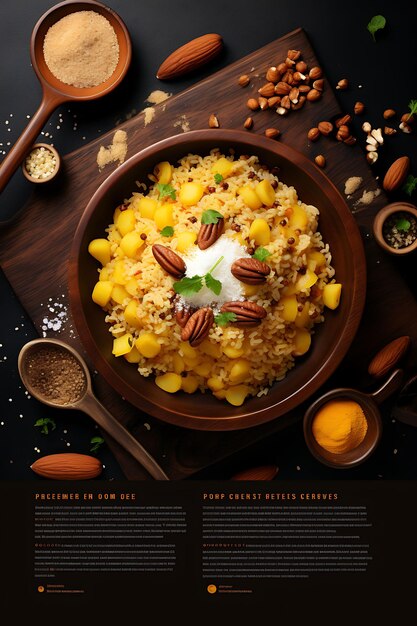 Poha con arachidi Decorazione di spezie indiane Caldo e terroso C Sito web di layout della cultura culinaria dell'India